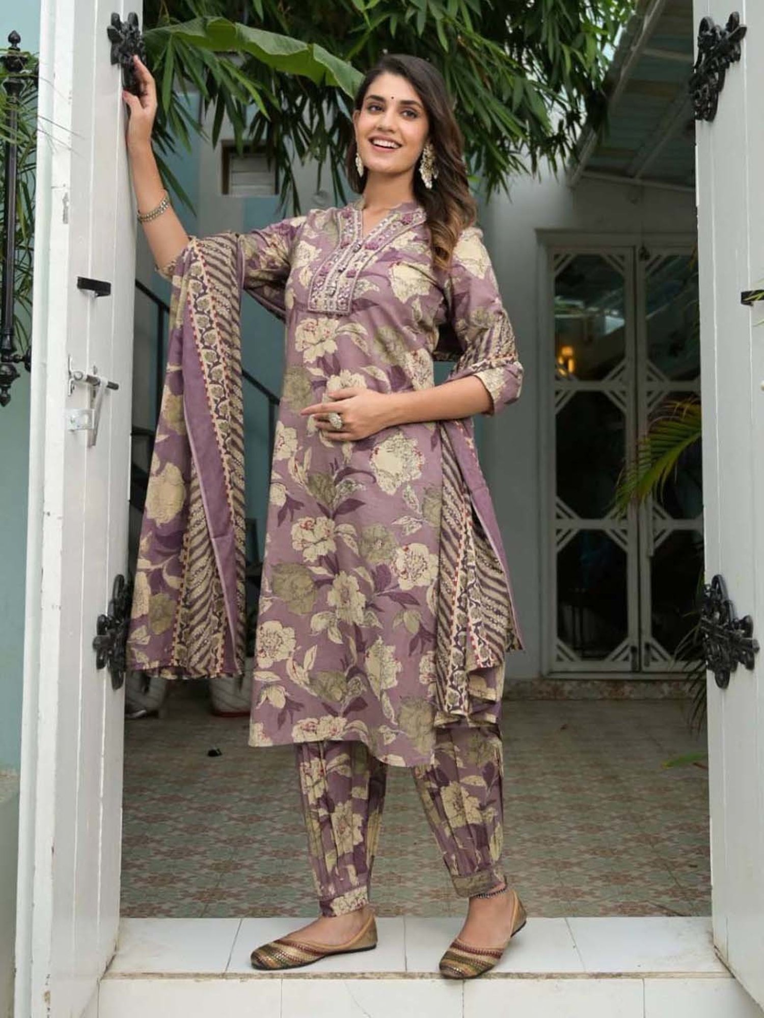 Varanga Purple Cotton Printed Kurta Salwar Set With Dupatta