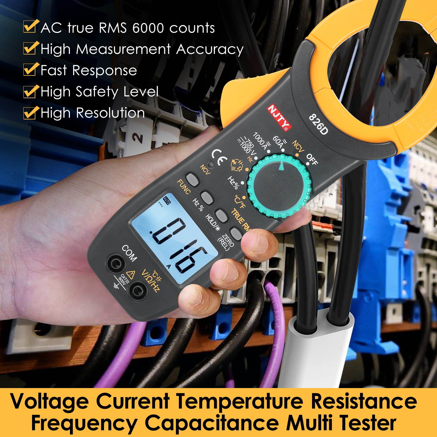 NJTY 826D 1000A AC Clamp Meter Auto Range 6000 Counts 1.9-inch LCD Digital AC True RMS NCV Clamp Type Universal Meter Multipurpose for Measuring DC/AC Current DC/AC Voltage Temperature Resistance