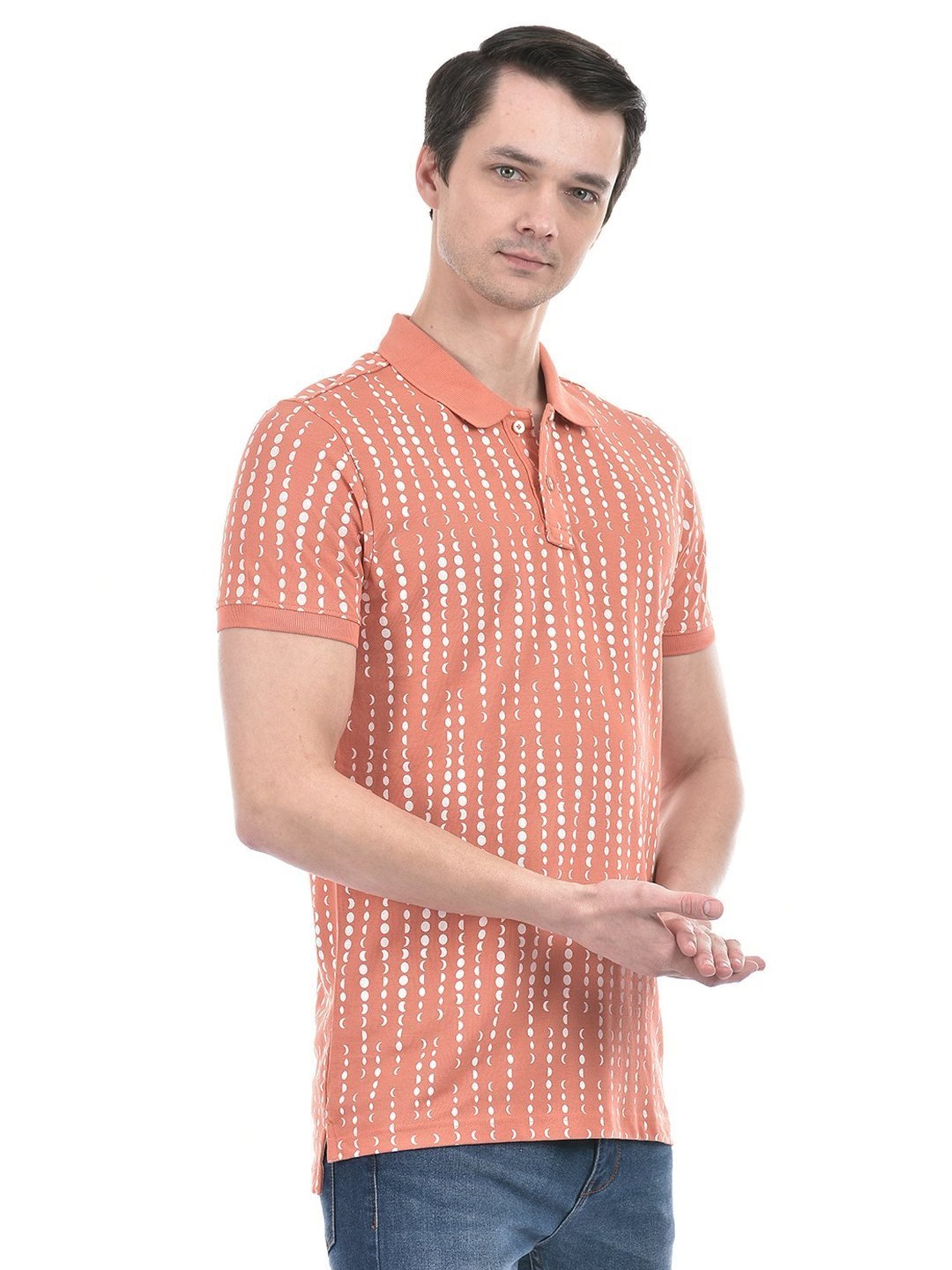 Numero Uno Dusty Orange Cotton Slim Fit Printed Polo T-Shirt