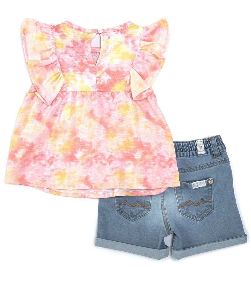 7 For All Mankind Baby Girls 12-24 Months Tie-Dye Flutter Sleeve Top & Denim Shorts Set