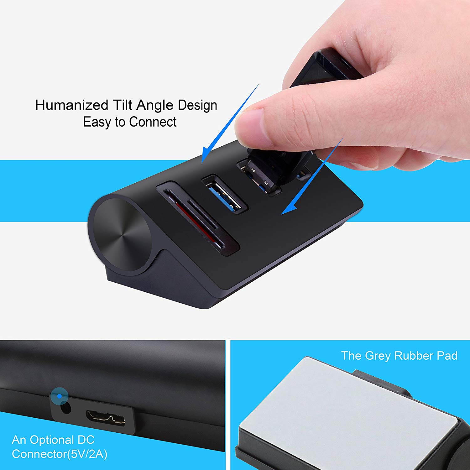 Cateck USB 3.0 HUB, Bus-Powered USB 3.0 3-Port Aluminum Hub with 2-Slots Card Reader Combo for iMac, MacBook Air, MacBook Pro, MacBook, Mac Mini, PCs, and Laptops, Black