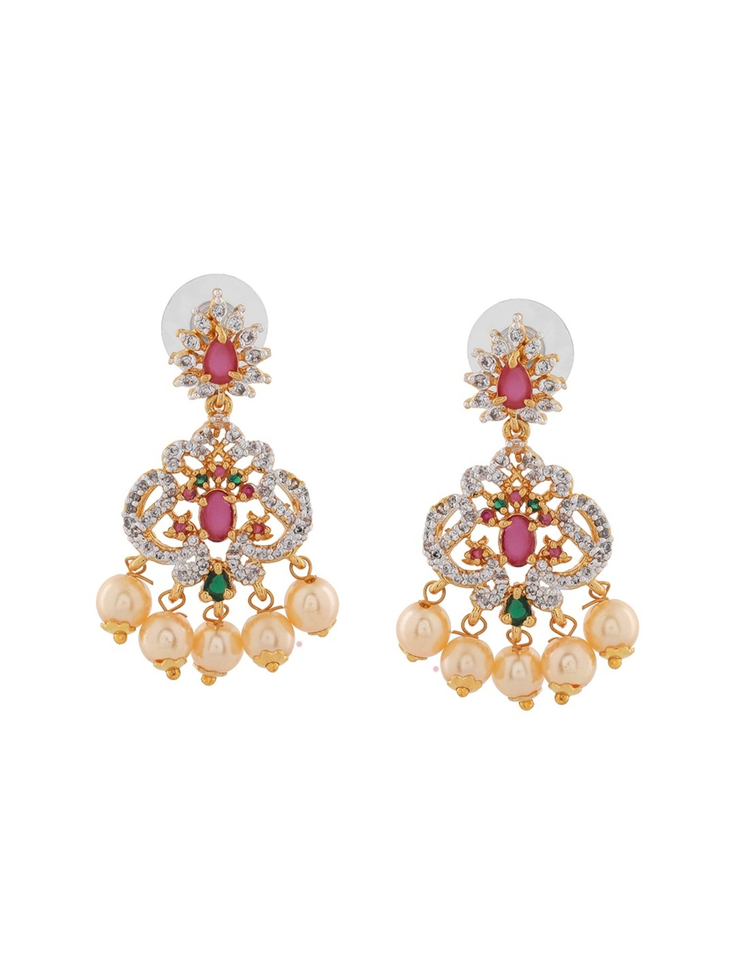 Estele Gold-Plated CZ Dazzling Pearl Dangler Earrings