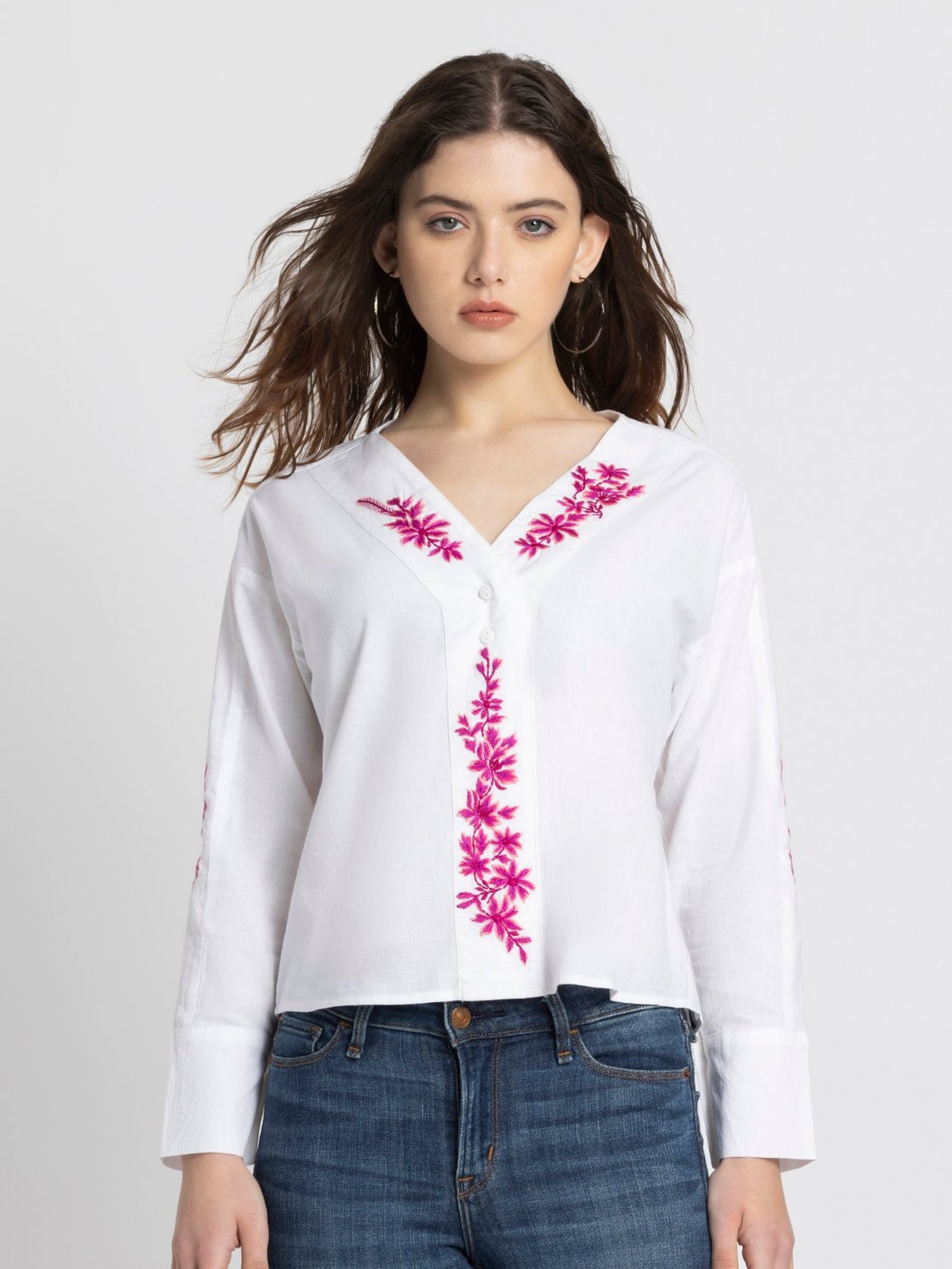 SHAYE White & Pink Cotton Embroidered Top