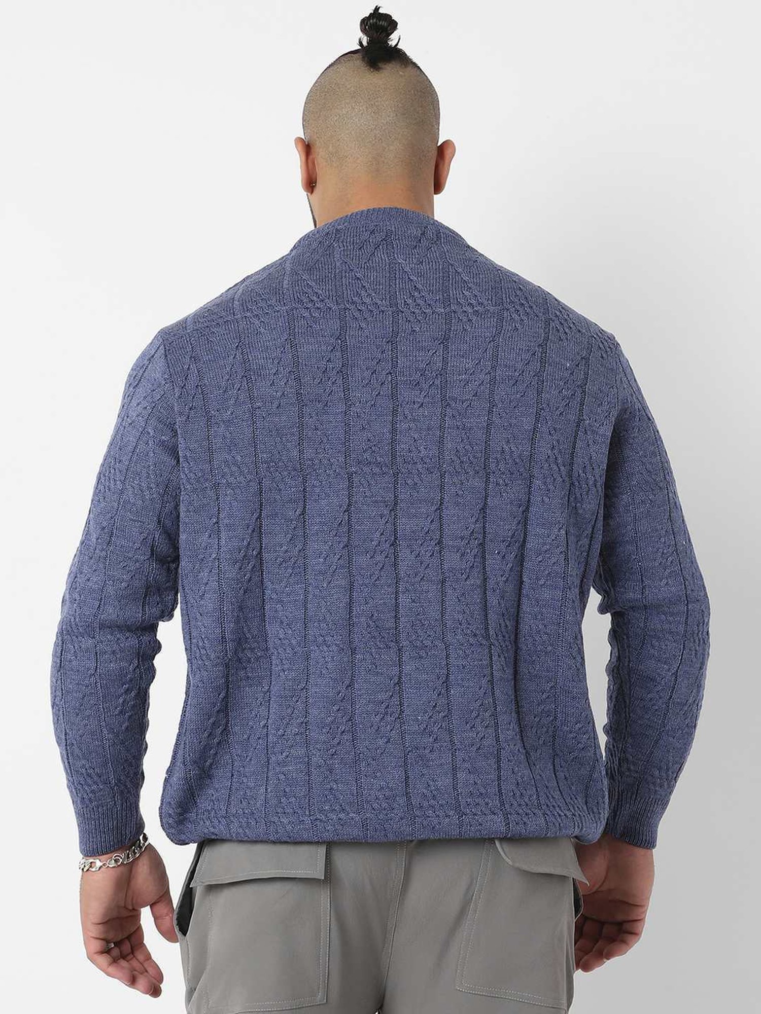 Instafab Plus Blue Regular Fit Texture Plus Size Sweater