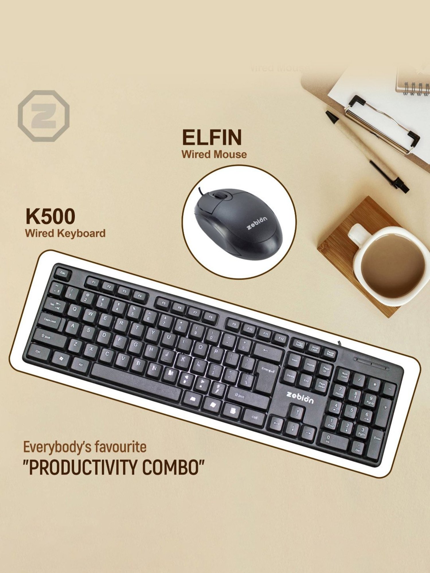 Zebion K500 Wired USB Desktop Keyboard & Elfin Mouse Combo (Black)