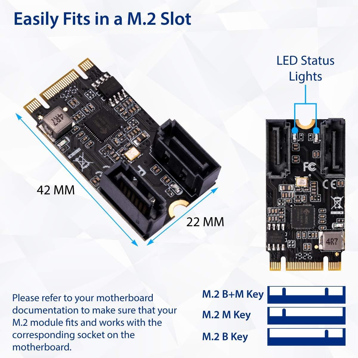 IO CREST M.2 22x42 to SATA III 2 Ports Adapter Card (Jmicro Chipset), Add Two SATA 3.0 Devices to Any M.2 2242 Slot