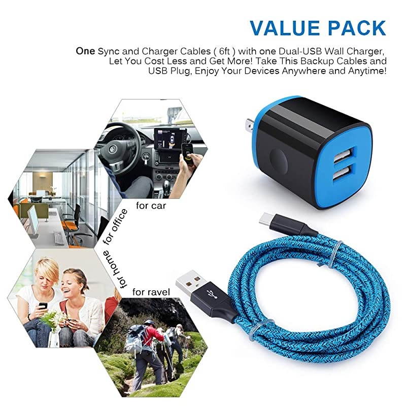 USB Type C Charger Compatible for Moto Z3 PlayG6G6 PlusG7G8 Play PowerZ4Z2 ForceZ2 PlayX4ZZ DroidZ Force Droid 2 Port USB Adapter Wall Charger with 6FT USB C Fast Charging Cable Cord