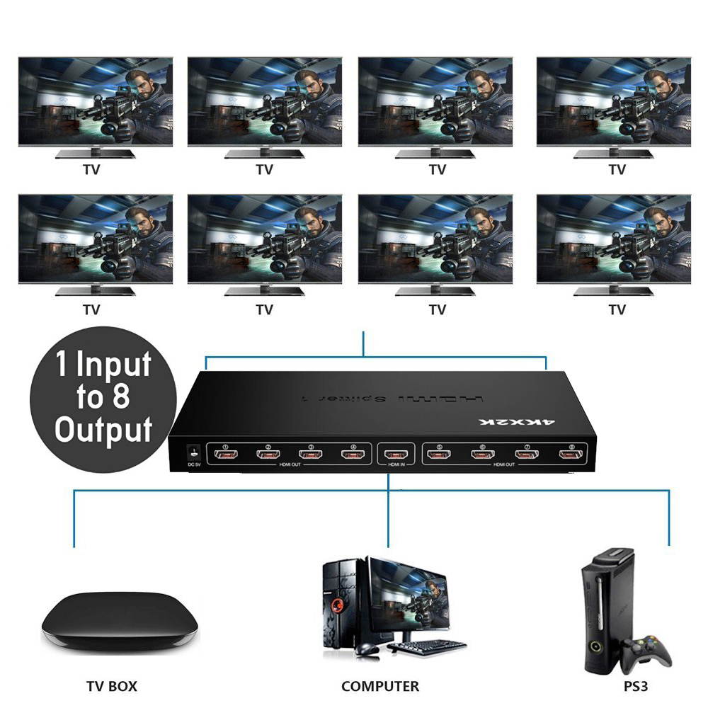 4K 1x8 HDMI Splitter, 1 in 8 Out HDMI Splitter Audio Video Distributor Box Support Full HD 3D & 4K x 2K Compatible for PS 3/4, Xbox,HDTVs, projectors, PC monitors,Blu-ray DVD player- Adapter Included