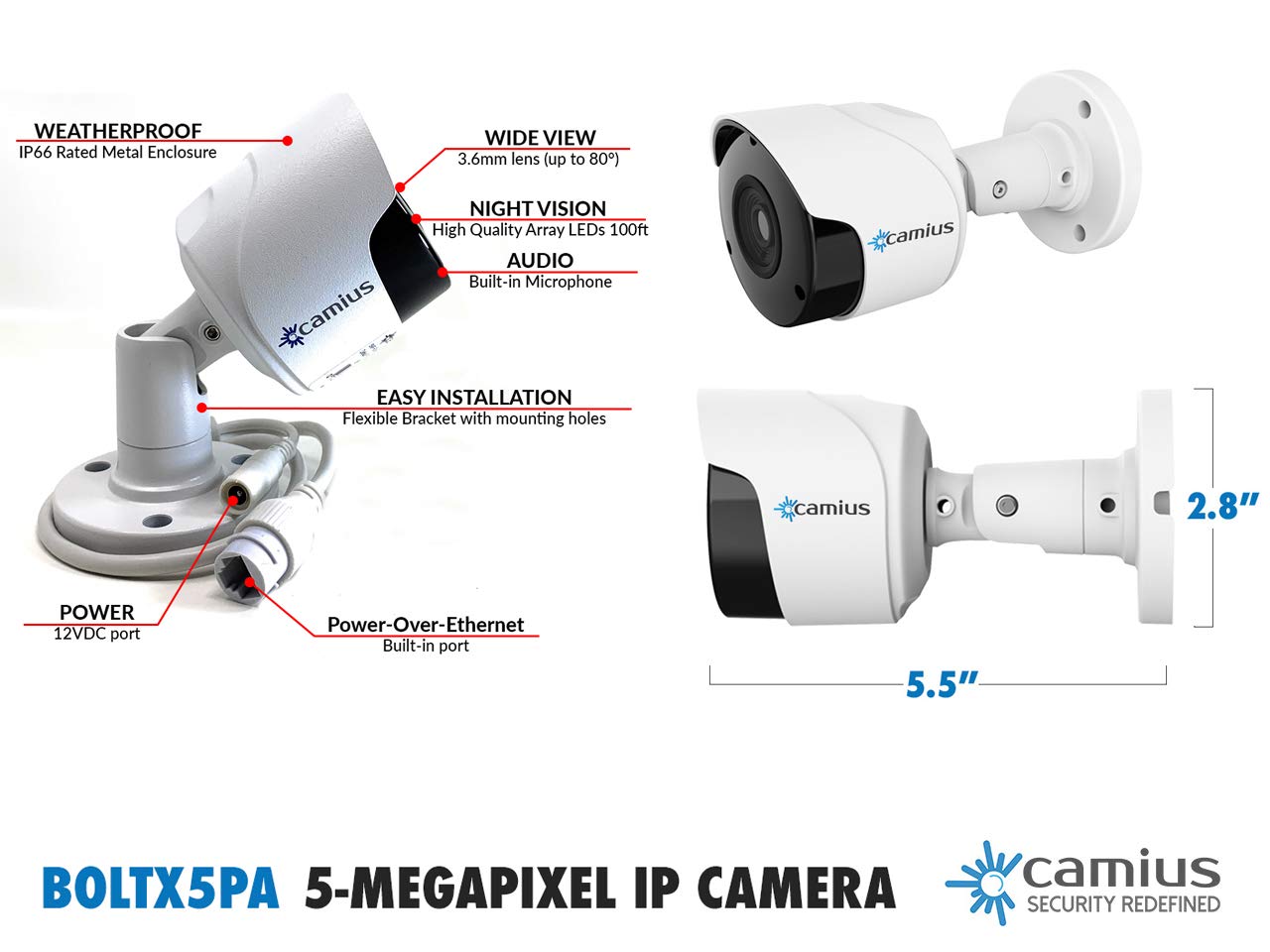 Camius 4K 8 Channel NVR Security System with 3TB HDD, Two 4K PoE Spotlight Cameras (2-way audio, siren), 2 pcs 5MP PoE Bullet IP Cameras (Built-in microphone), color night vision 8P2S82B3TS