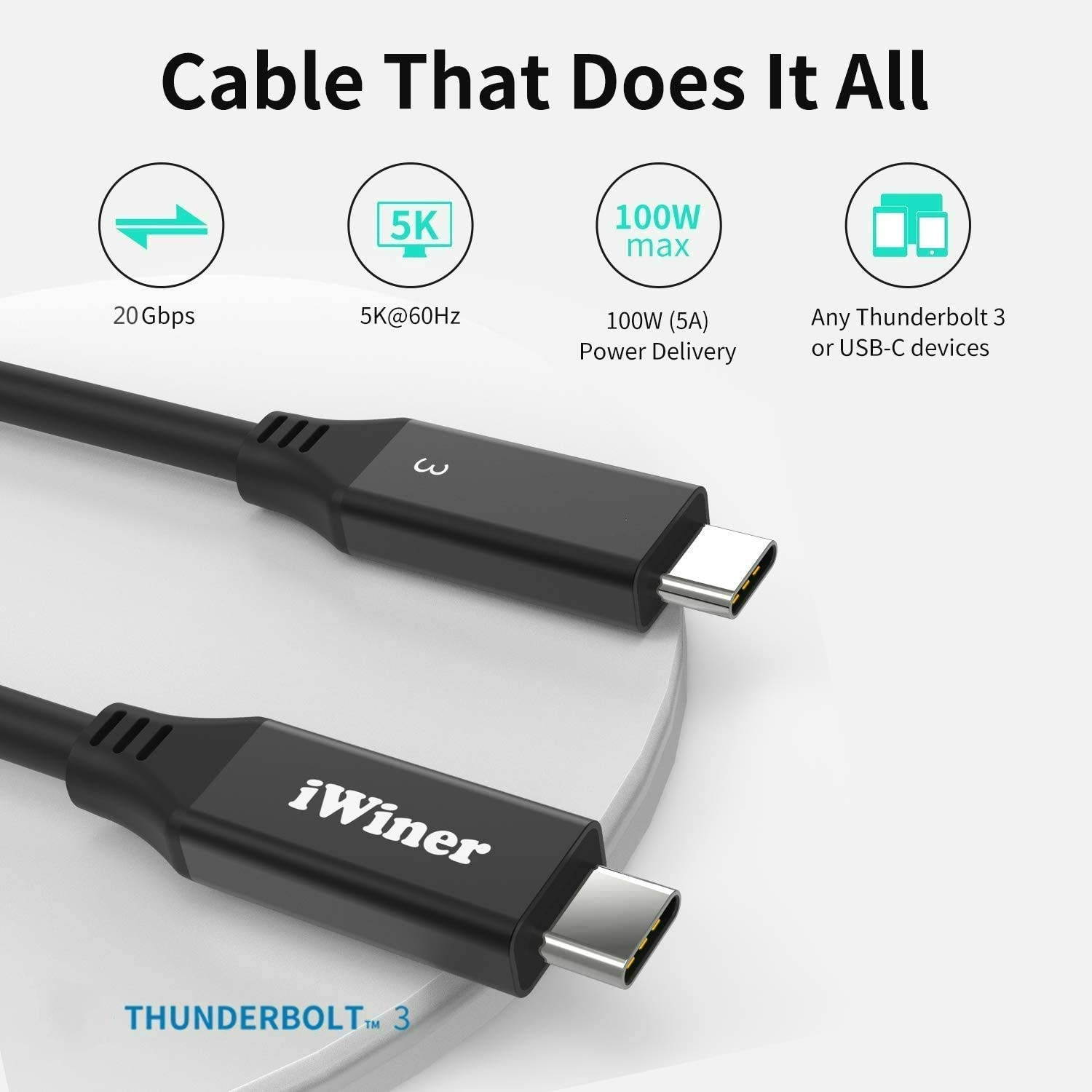 USB C Cable Compatible with Thunderbolt 3 2.3Ft/40Gbps/5K iWiner 100W 20V/5A TB3 Cable Supports Single 5K 60Hz or Dual 4K 60Hz Monitor External SSD eGpu (External Gpu) USB-C Docking Station