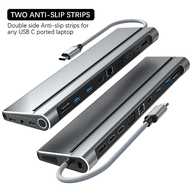 Dual Monitor USB C Laptop Docking Station with Power OnOff ButtonDual HDMI and DisplayPort and VGA Outputs Gigabit Ethernet SDTF Slots2 Female Type C Ports 3 USB A Ports
