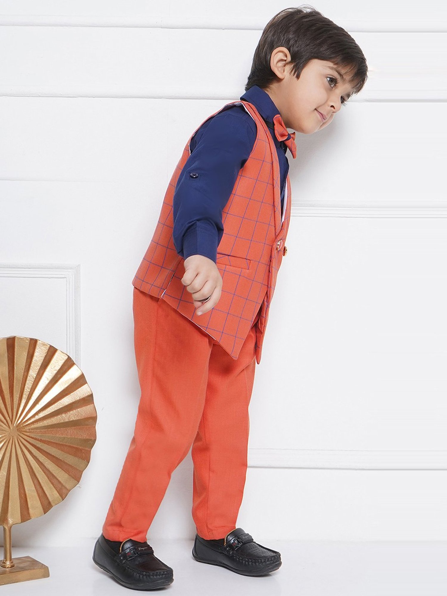 AJ Dezines Kids Red & Navy Checks Full Sleeves Shirt, Pants, Waistcoat with Bow Tie