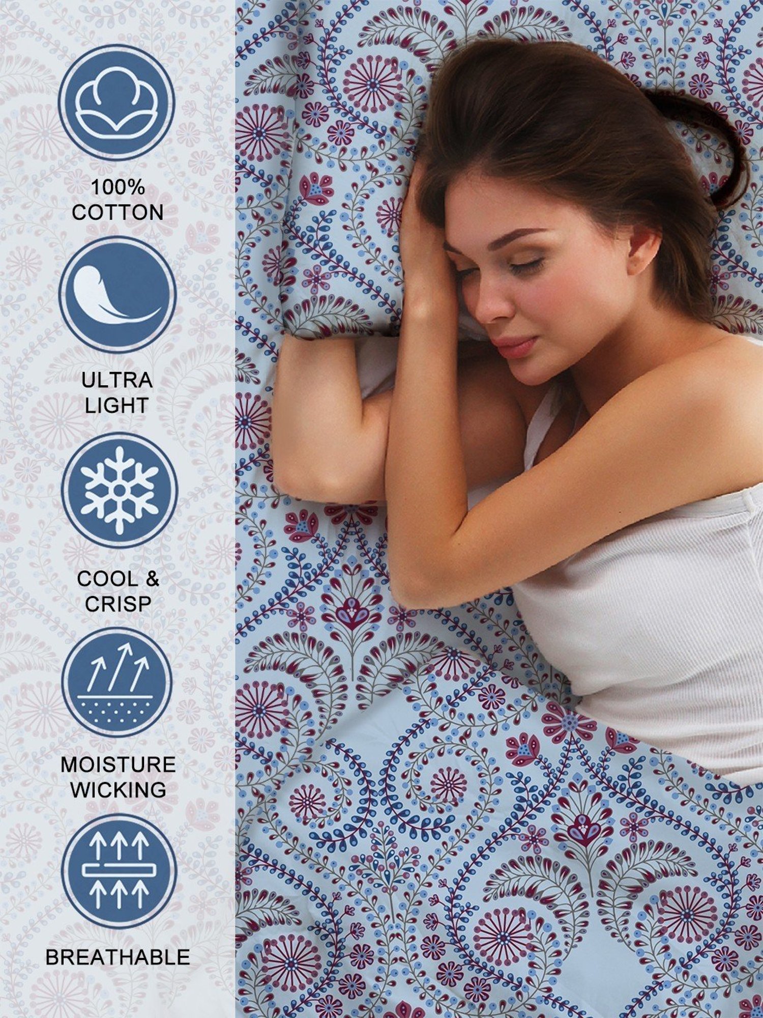 Layers Emaline Ethnic Blue 144 TC Cotton Single Bed Sheet with 1 Pillow Cover