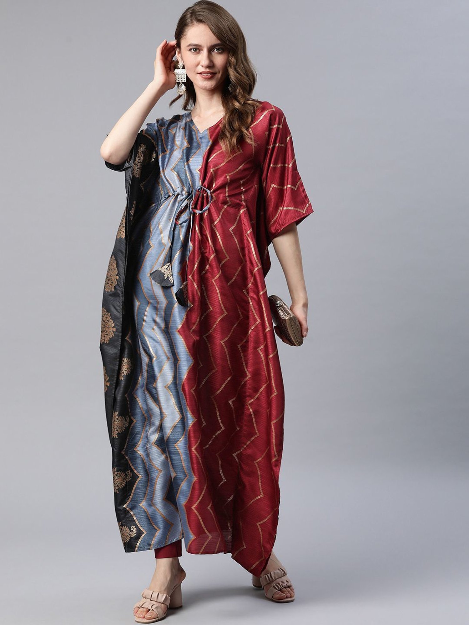 Cottinfab Grey & Maroon Printed Kaftan Kurta