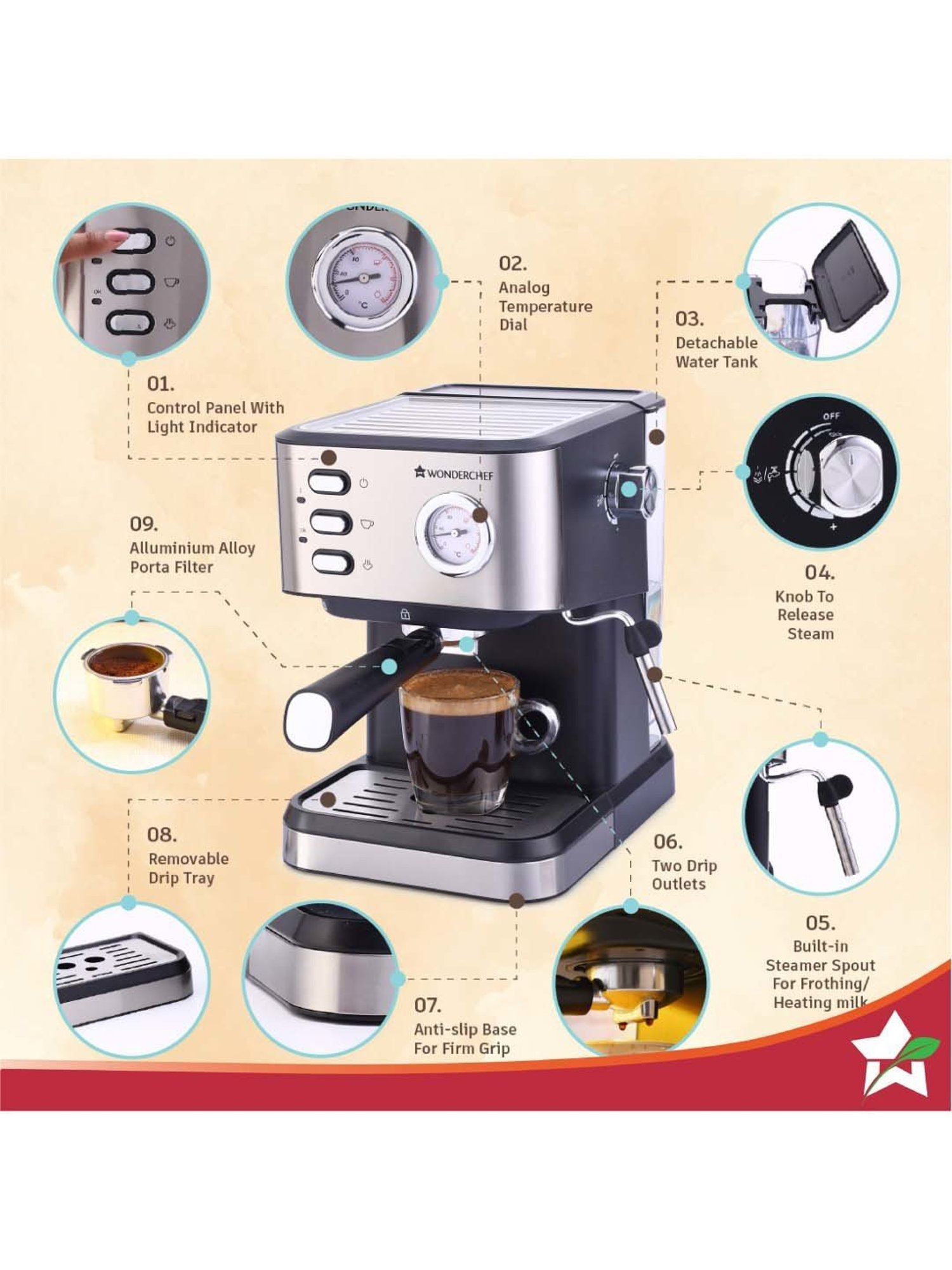 Wonderchef Regalia Capsule Coffee Machine with Frother (1400W, Black)