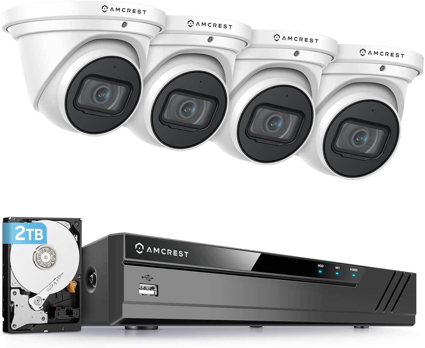 Amcrest 4K Security Camera System w/ 4K 8CH PoE NVR, (4) x 4K (8-Megapixel) IP67 Weatherproof Metal Turret Dome POE IP Cameras (3840x2160), Pre-Installed 2TB HDD, NV4108E-IP8M-T2599EW4-2TB (White)