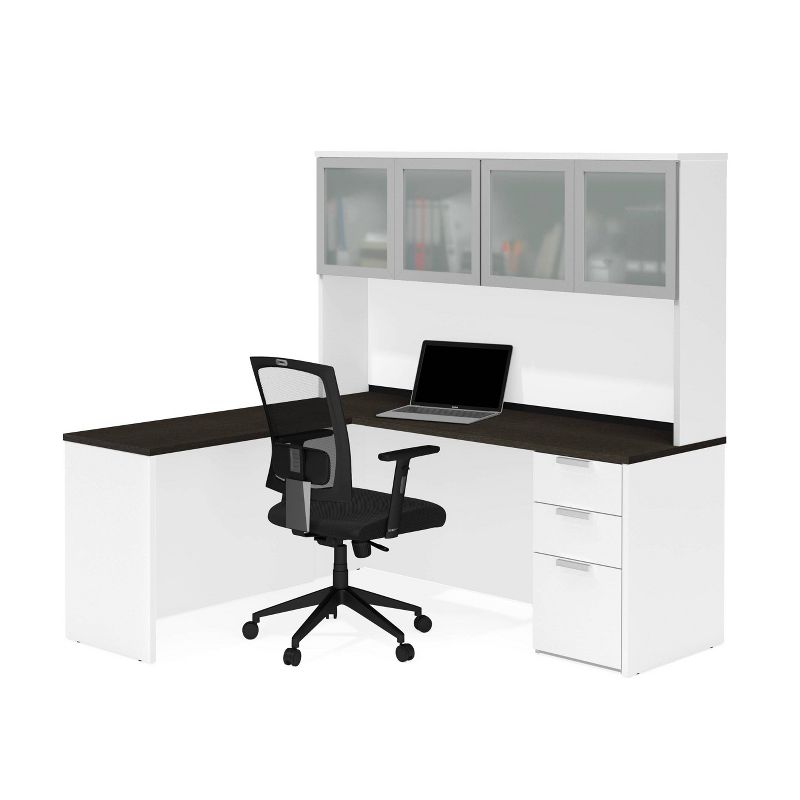 Pro Concept Plus L Desk with Frosted Glass Door Hutch White/Deep Gray - Bestar