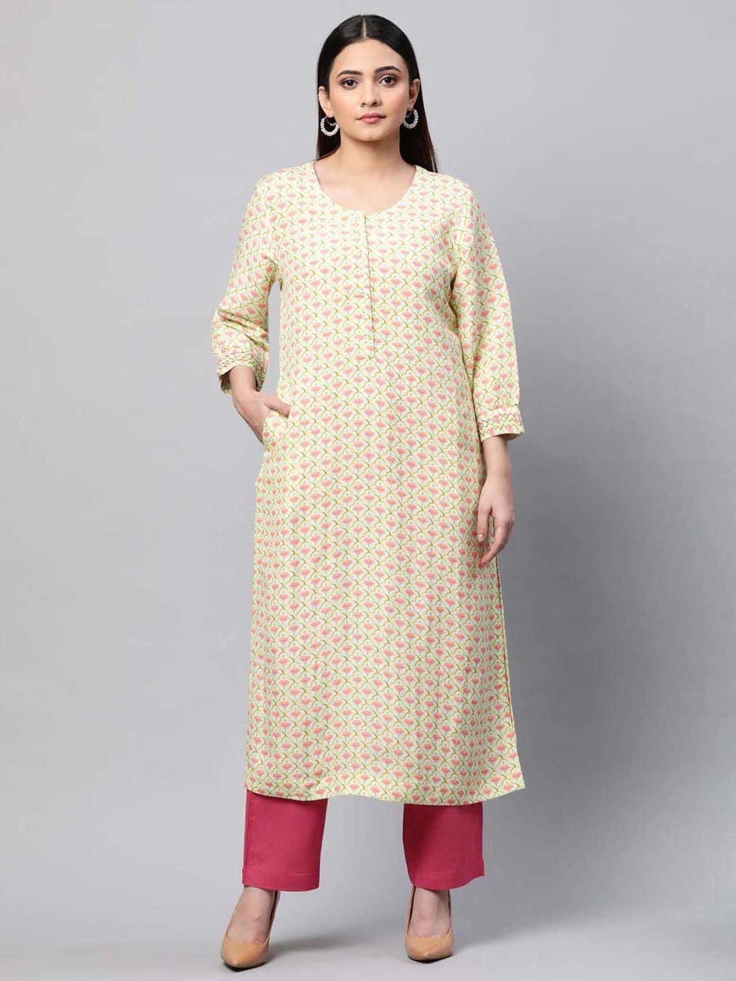 Linen Club Woman Beige Linen Floral Print Straight Kurta