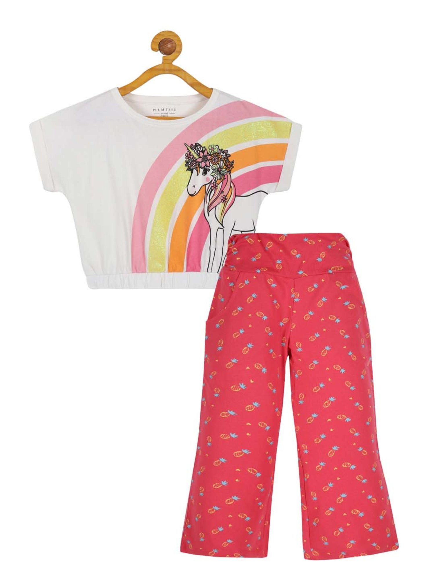Plum Tree Kids Off-White & Pink Cotton Printed Crop Top Set