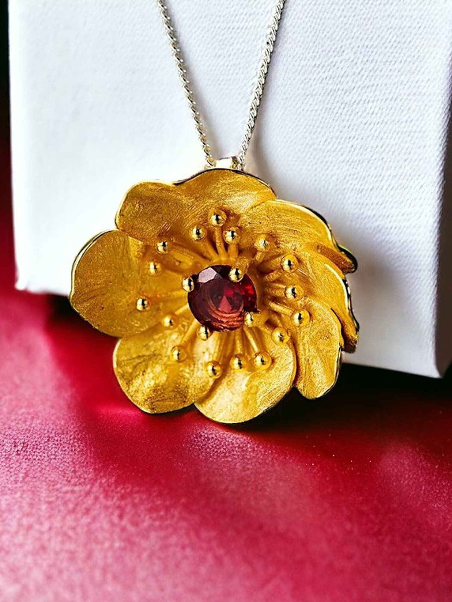 Rihi by P.C. Chandra Jewellers 925 Silver Golden Flower with Stone Pendant for Women & Girls