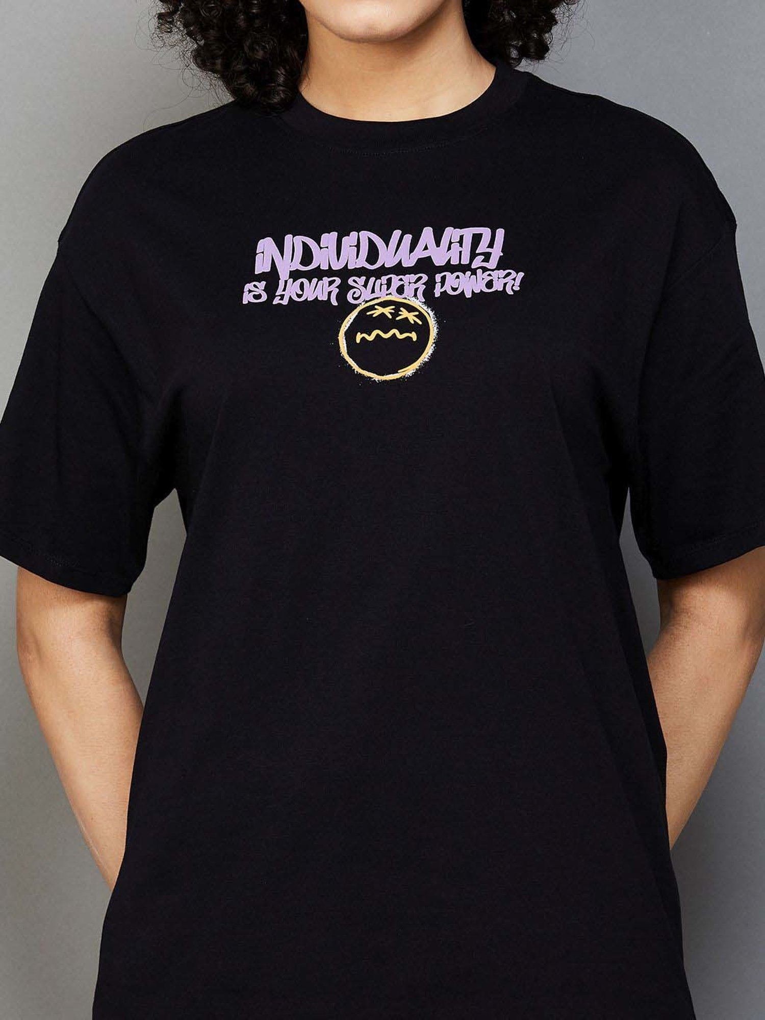SmileyWorld Black Cotton Printed T-Shirt