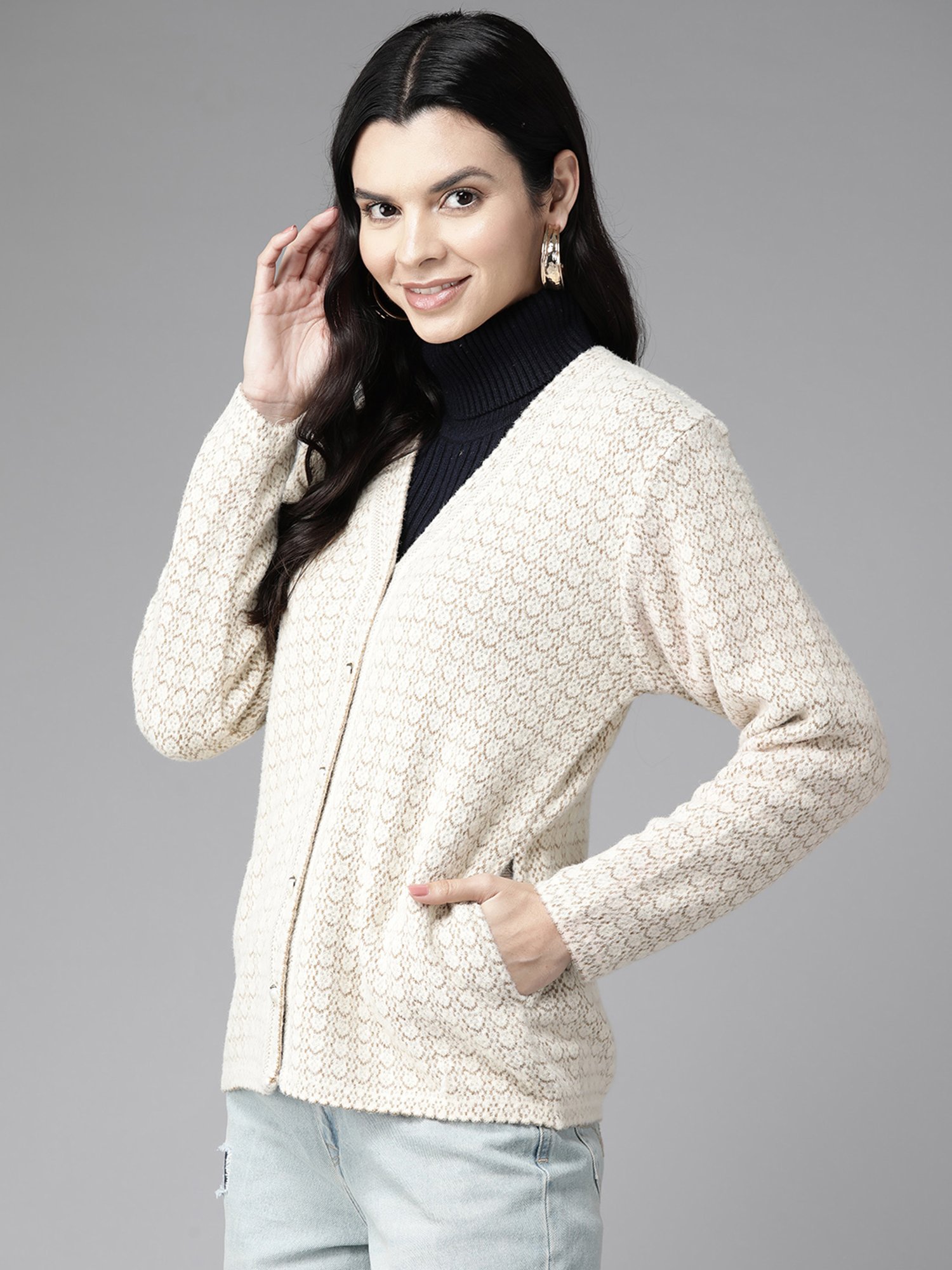 Cayman Beige Self Pattern Cardigan
