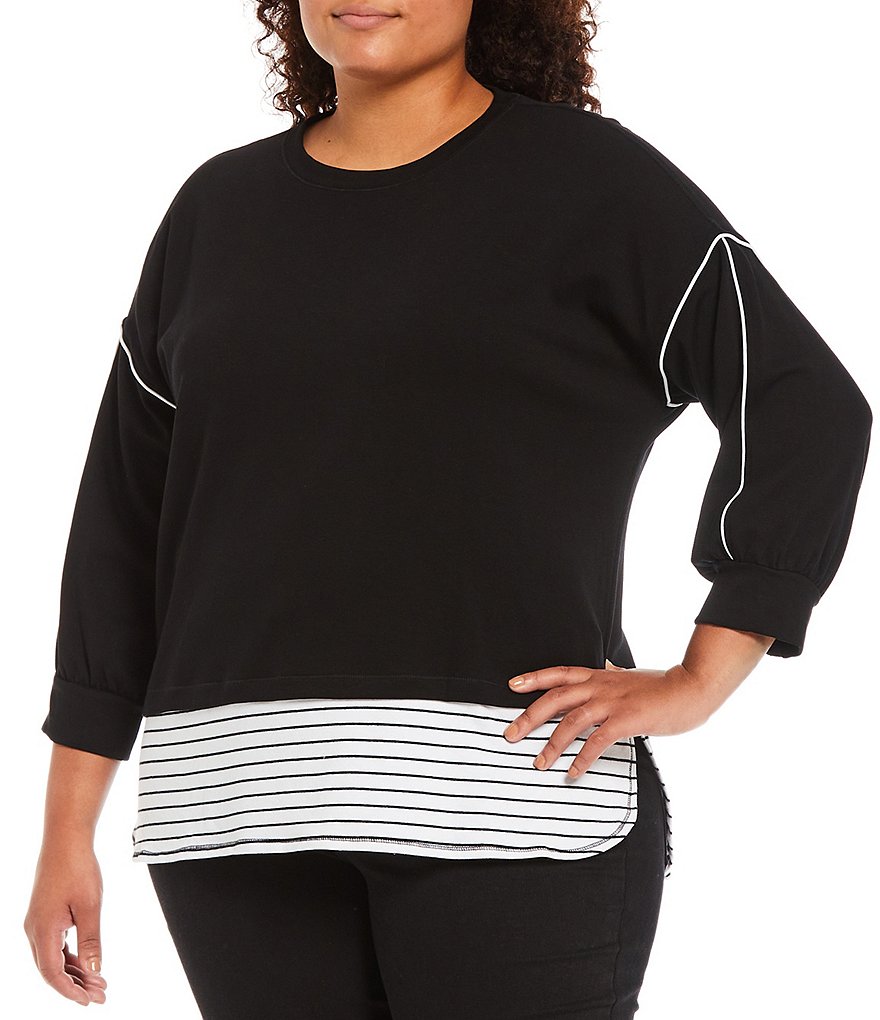 Ali Miles Plus Size Solid French Terry Crew Neck 3/4 Sleeve Stripe Print Hi-Low Hem Pullover