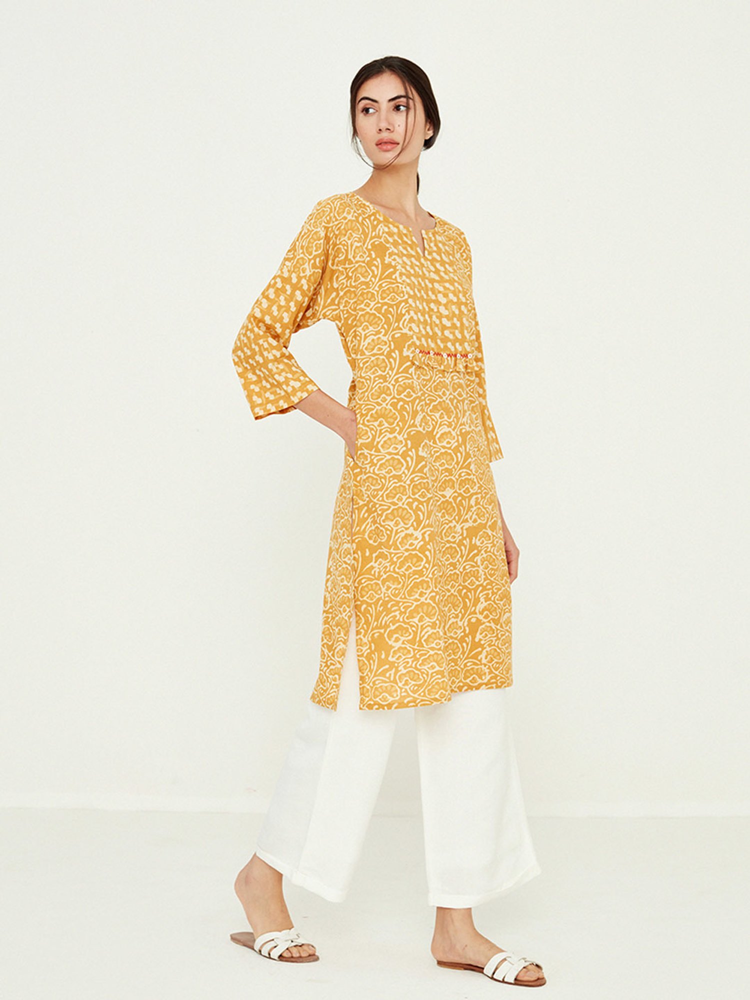 ANCESTRY Mustard Printed Straight Kurta