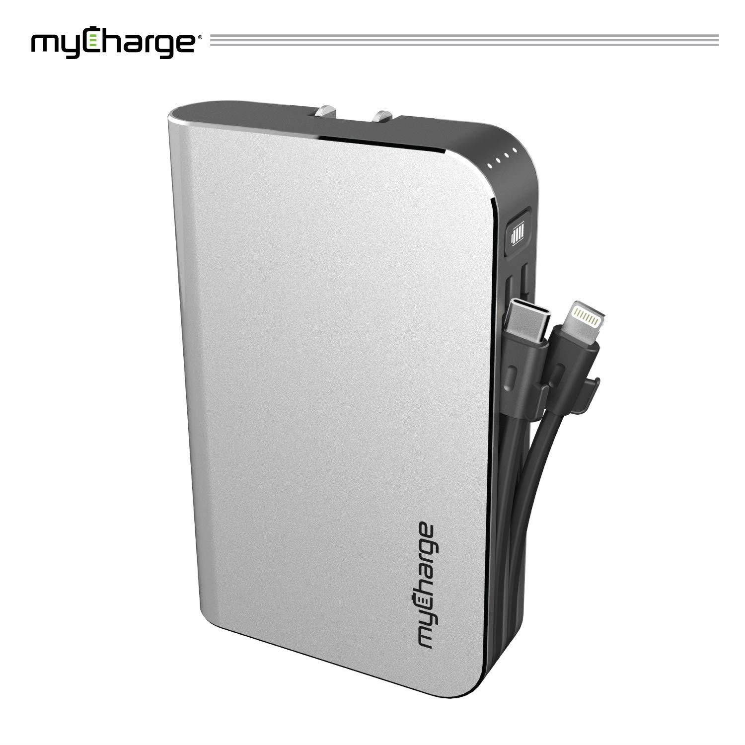 myCharge Portable Charger Power Bank - HubMax Universal 10050 mAh External Battery Pack | Wall Charger Foldable Plug | Built in Cables (iPhone Charger Lightning Cable and Android Samsung USB C)