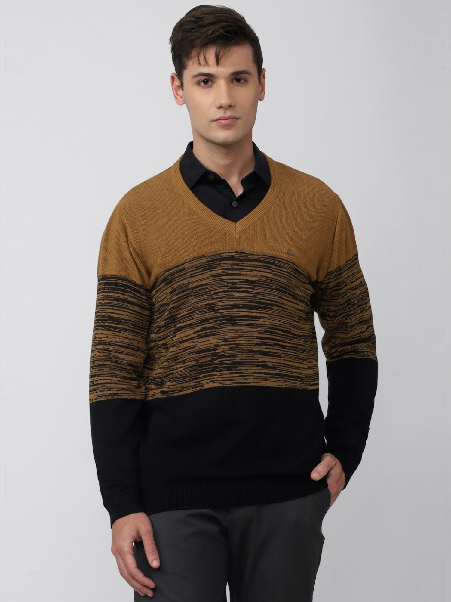 Van Heusen Brown Regular Fit Striped Sweater