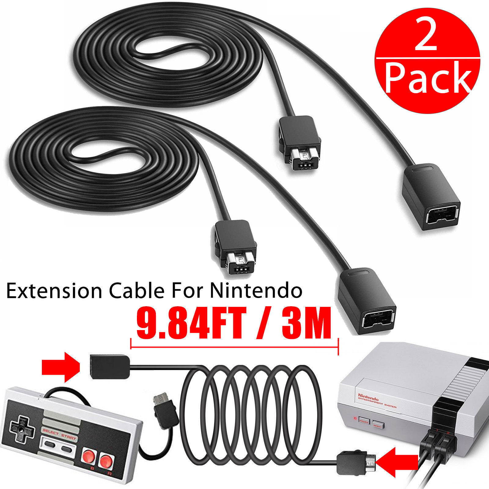 2Pcs 10ft Controller Extension Cable Cord for Super Nintendo Mini NES SNES Classic Edition Console Wii, Wii U RC