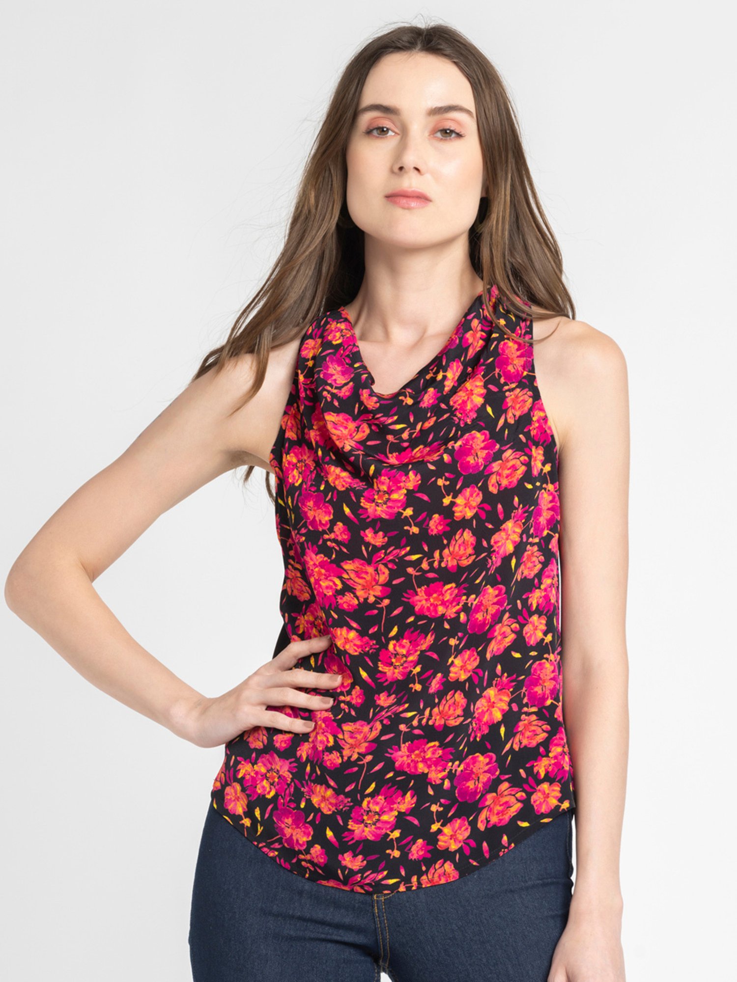 SHAYE Black & Pink Floral Print Top