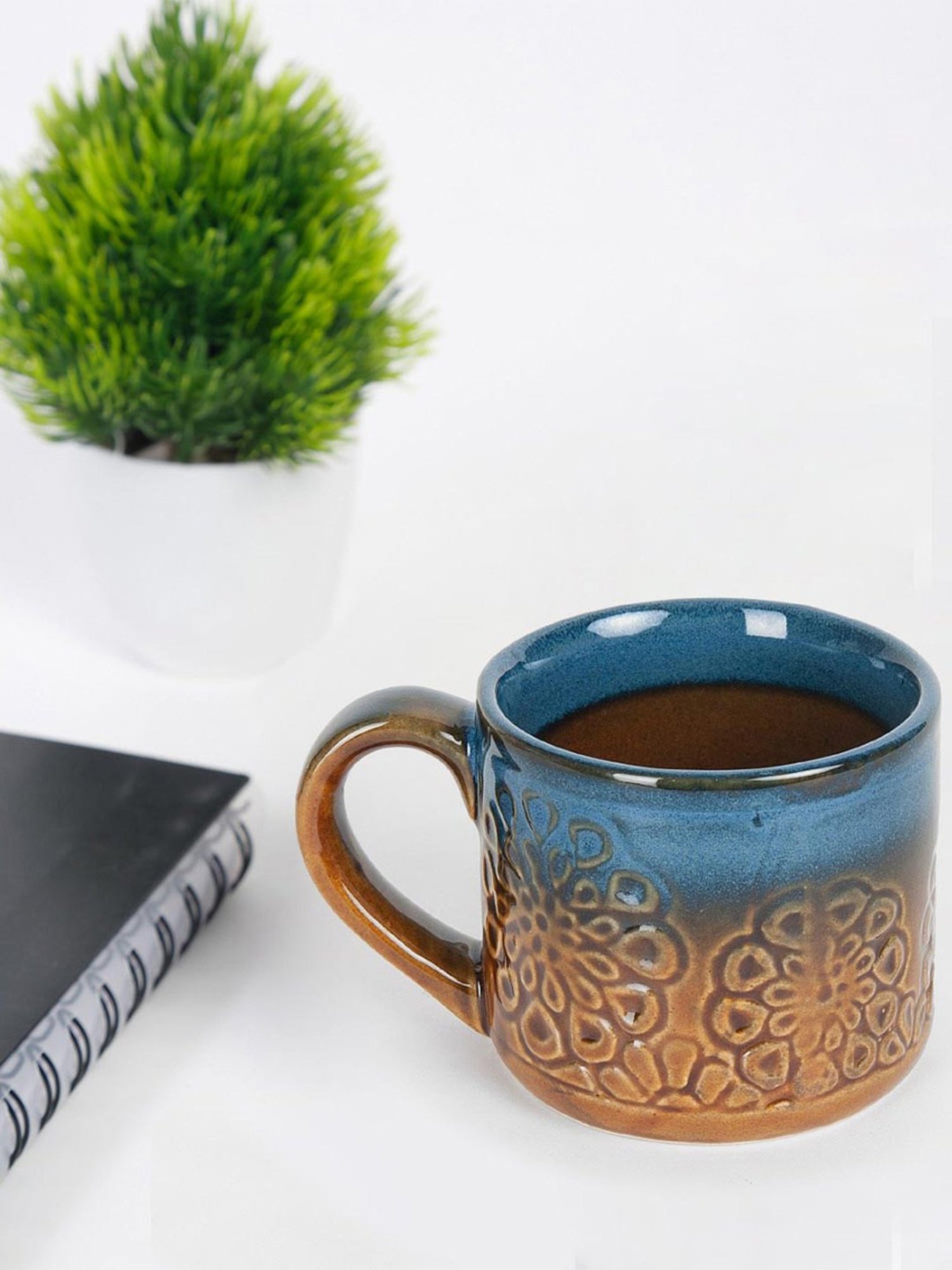 Fabindia Home Amber Embossed Brown & Dark Blue Ceramic Mug (270 ml)