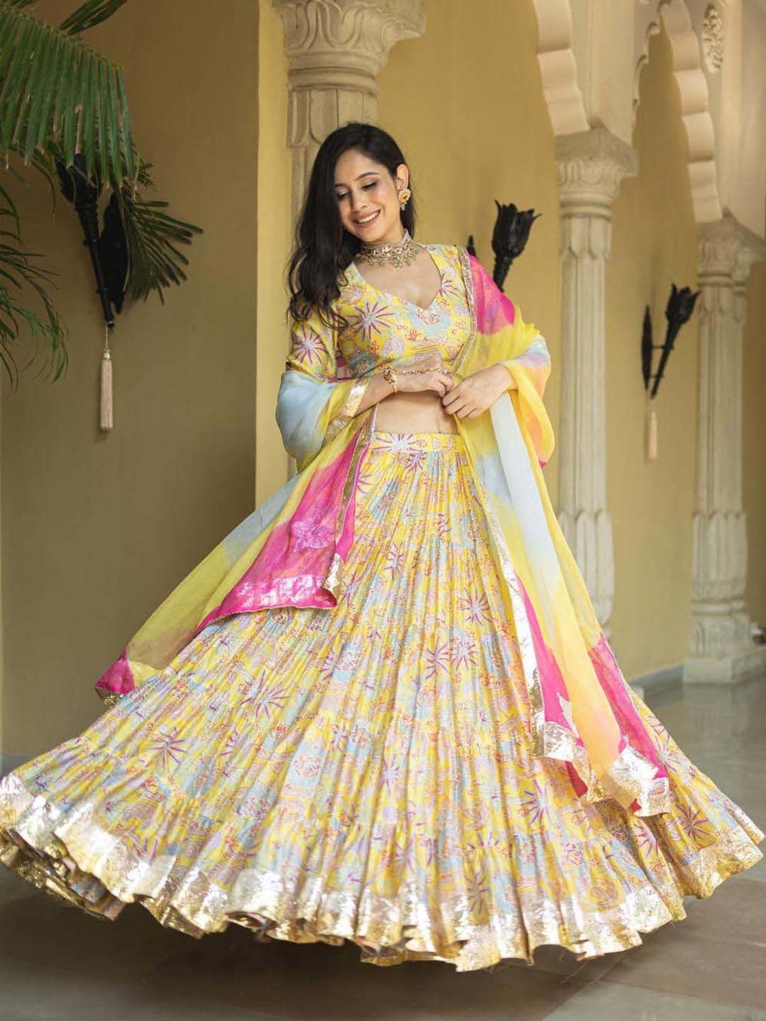 AACHHO Yellow Floral Print Lehenga Choli Set With Dupatta