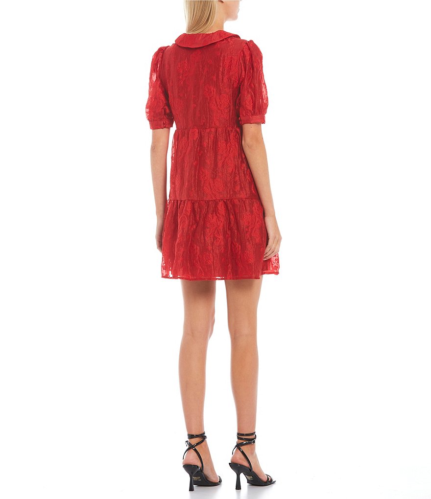 Sugarlips Burnout Short Puff Sleeve Collared V-Neck Tiered Babydoll Dress