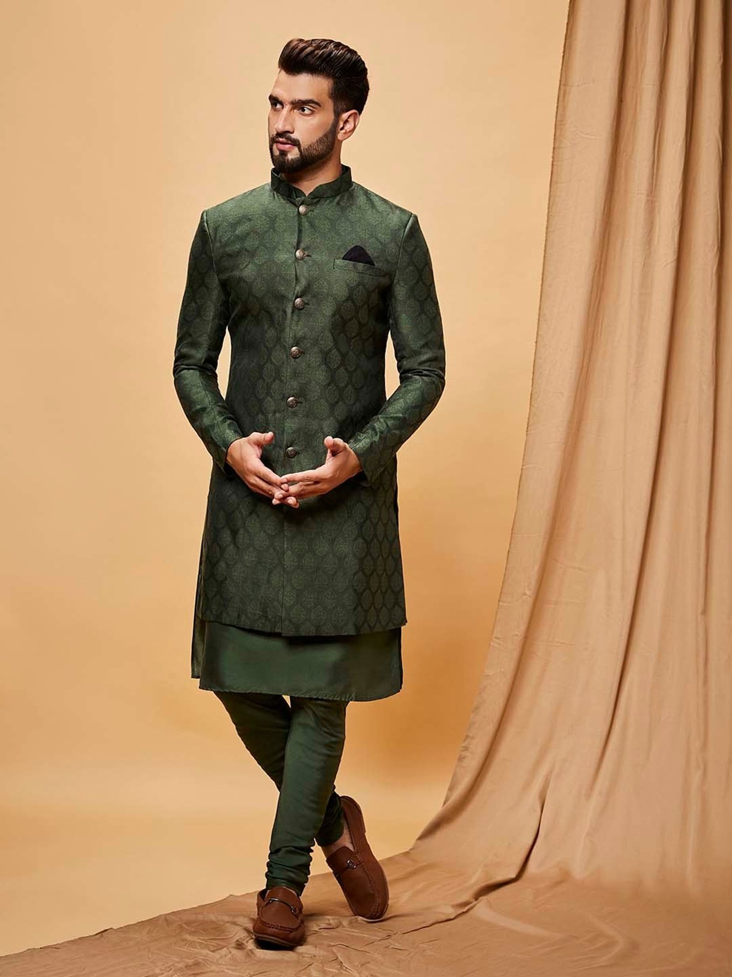 KISAH Olive Regular Fit Self Design Sherwani Set