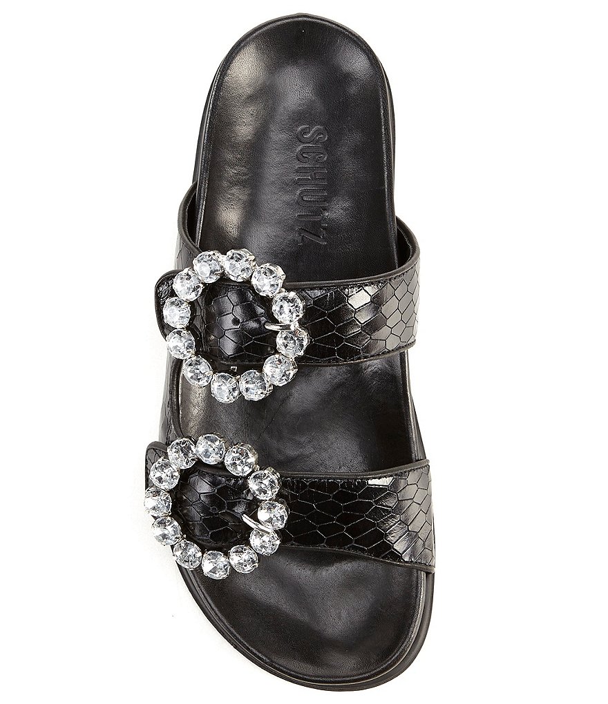 Schutz Ariel Leather Crystal Buckle Detail Flatform Footbed Sandals