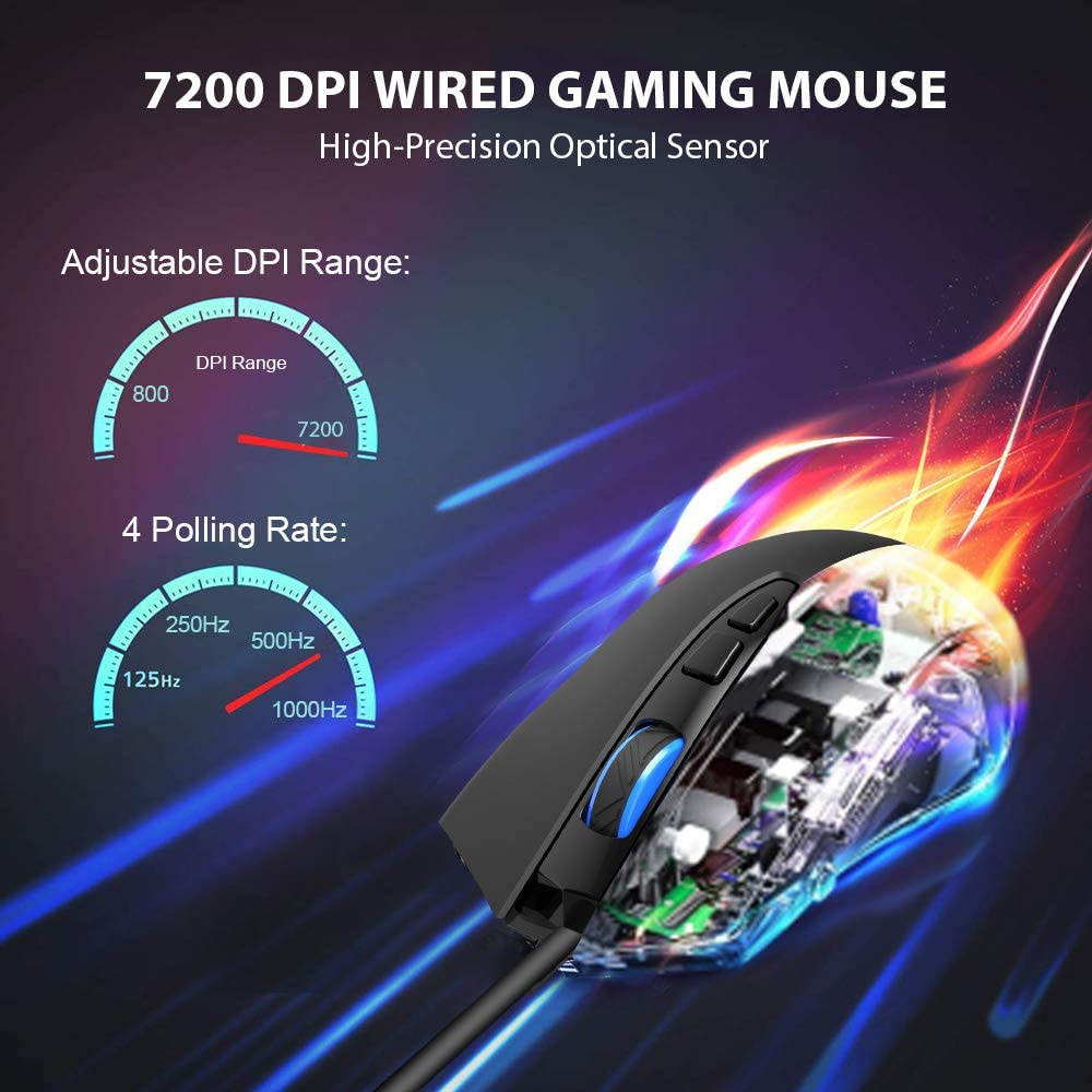 Wired Gaming Mouse, 7200 DPI, 7 Programmable Buttons, LED Backlit, Ergonomic Optical PC, Comfortable Computer Gaming Mice for Windows 7/8/10/XP Vista Linux, Black