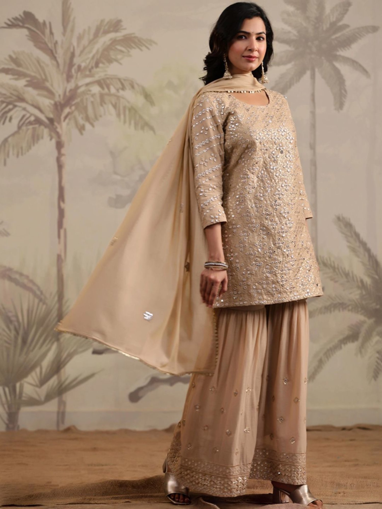 SCAKHI Beige Cotton Embroidered Kurti Sharara Set With Dupatta