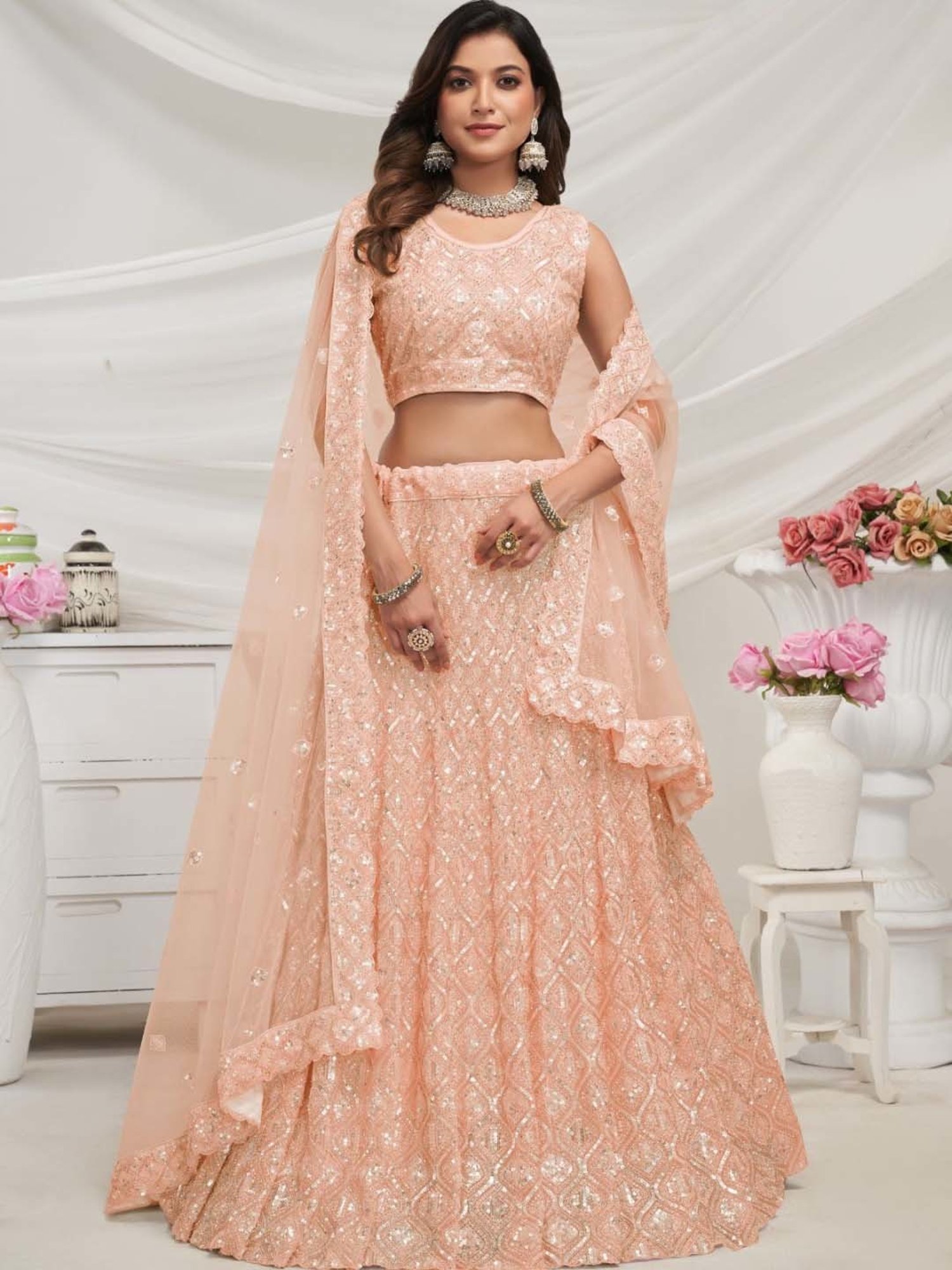 Odette Peach Embroidered Lehenga Choli Set With Dupatta