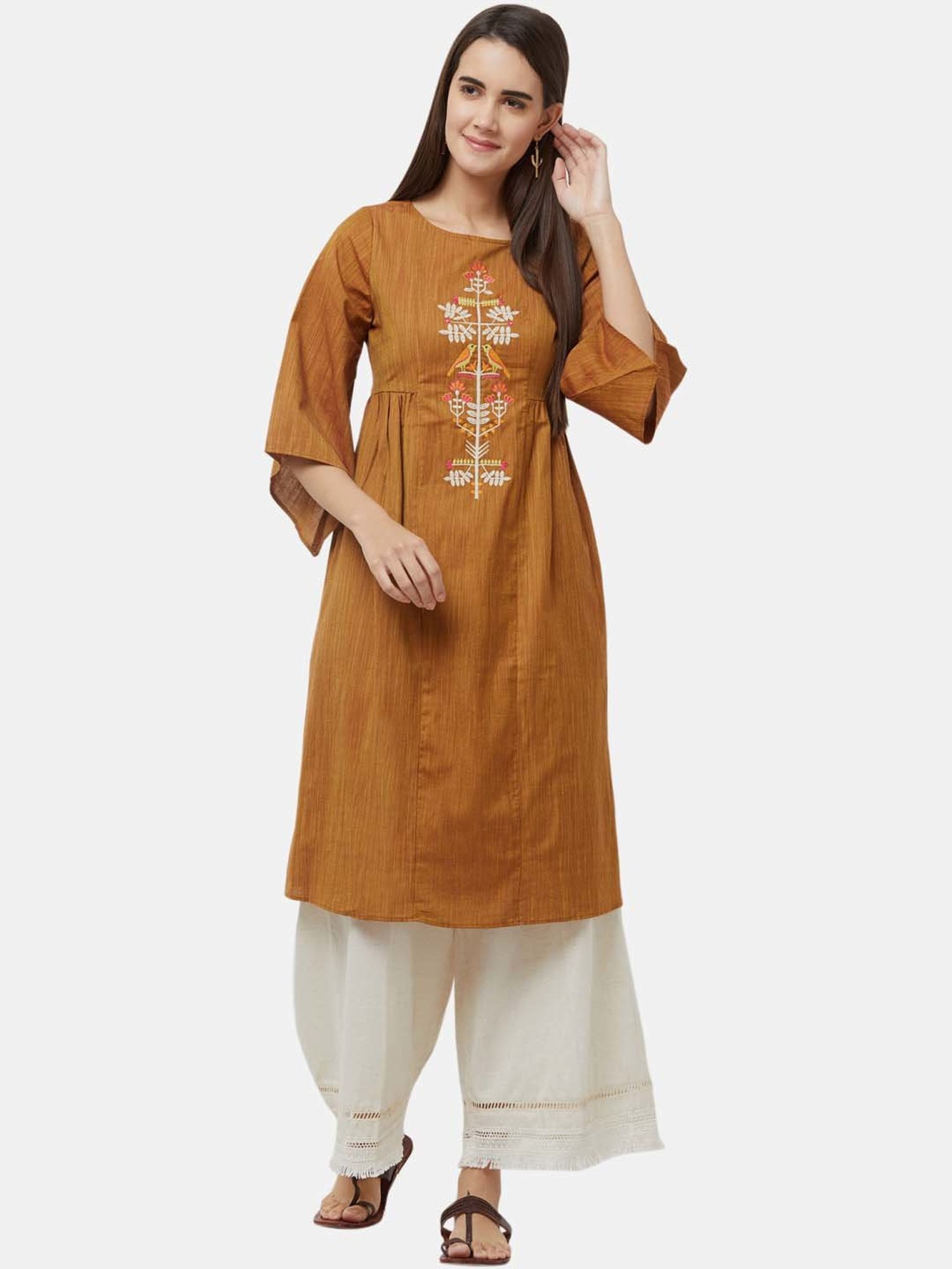 Fusion Beats Brown Cotton Embroidered A Line Kurti