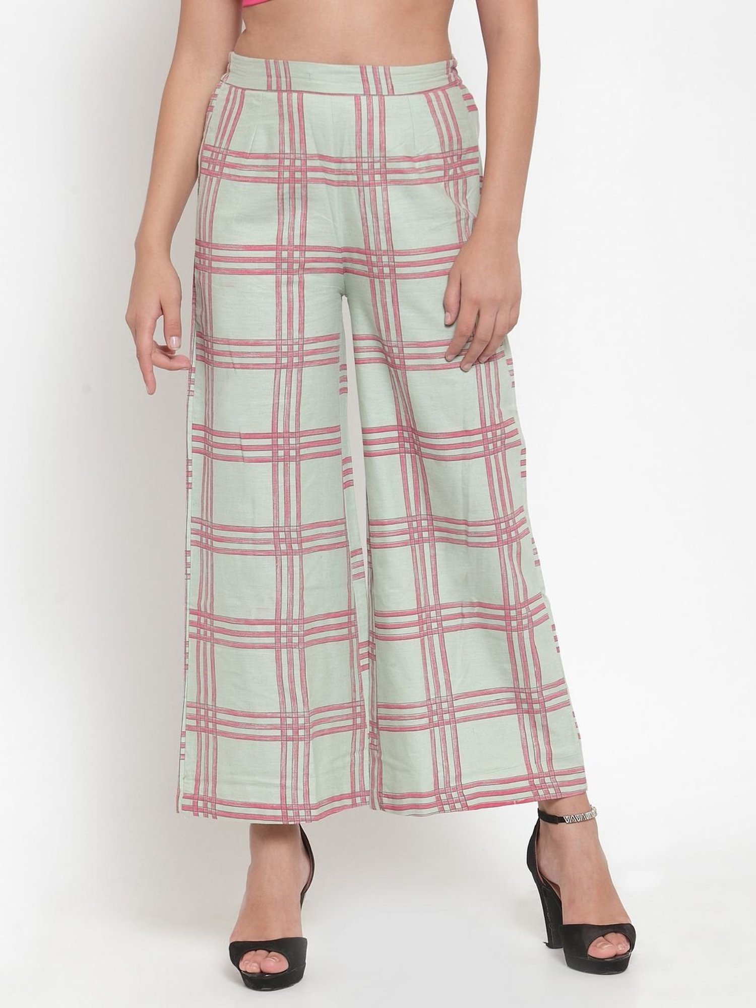 Indibelle Pista Green Cotton Chequered Palazzos