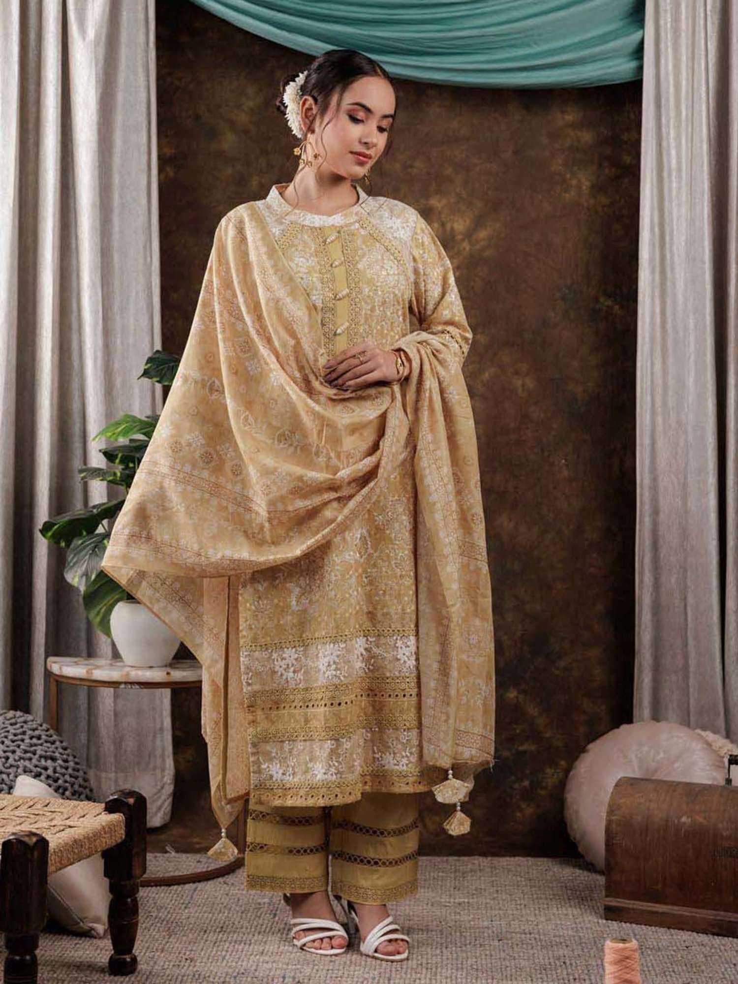 Yufta Mustard Cotton Printed Kurta Pant Set With Dupatta