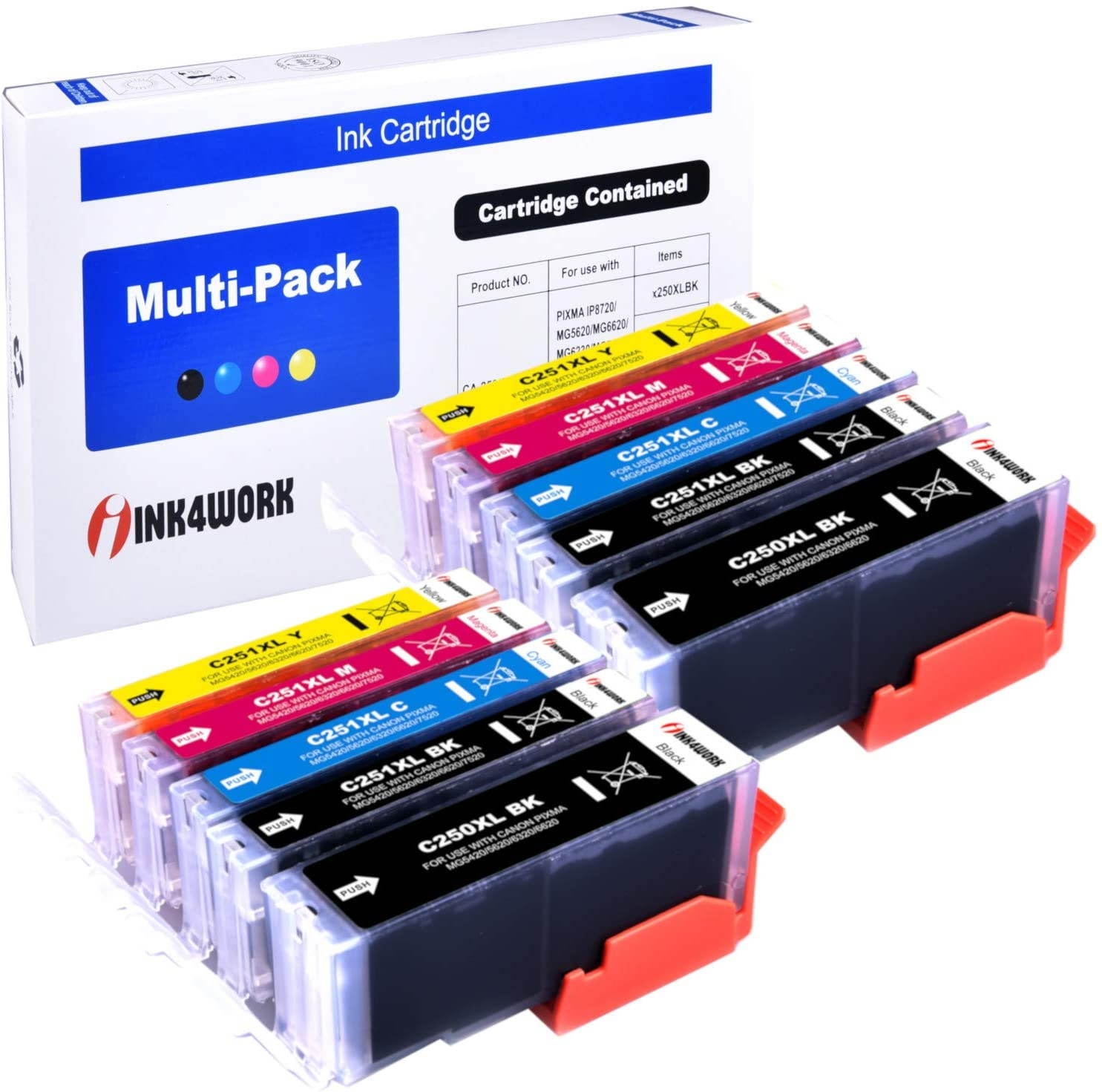 INK4WORK 10 Pack Compatible Ink Cartridge Replacement for Canon PGI-250XL PGI 250 XL CLI-251XL CLI 251 XL to use with Pixma IP7220 MG5420 MG6320 MX722 MX922