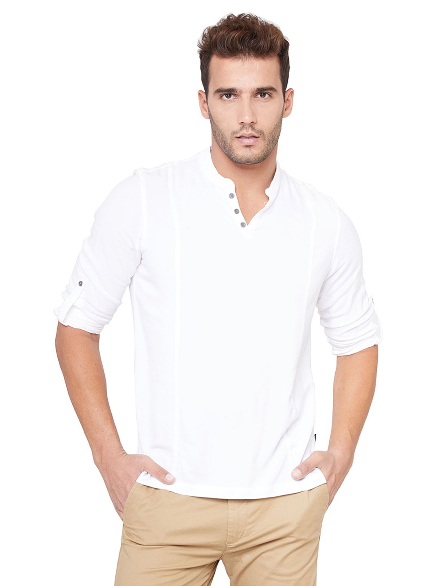 Identiti White Solid Slim Fit Short Kurta