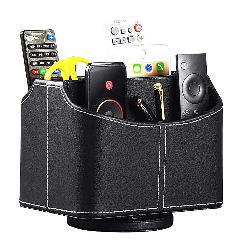 Control Holder 360 Degrees Rotatable Desk Stationery Supply Organizer PU Leather Desktop Storage Box for Controllers Media Bedside Spinning TV Caddy E-reader iPad Mobile Pencil Cosmetic(Black)