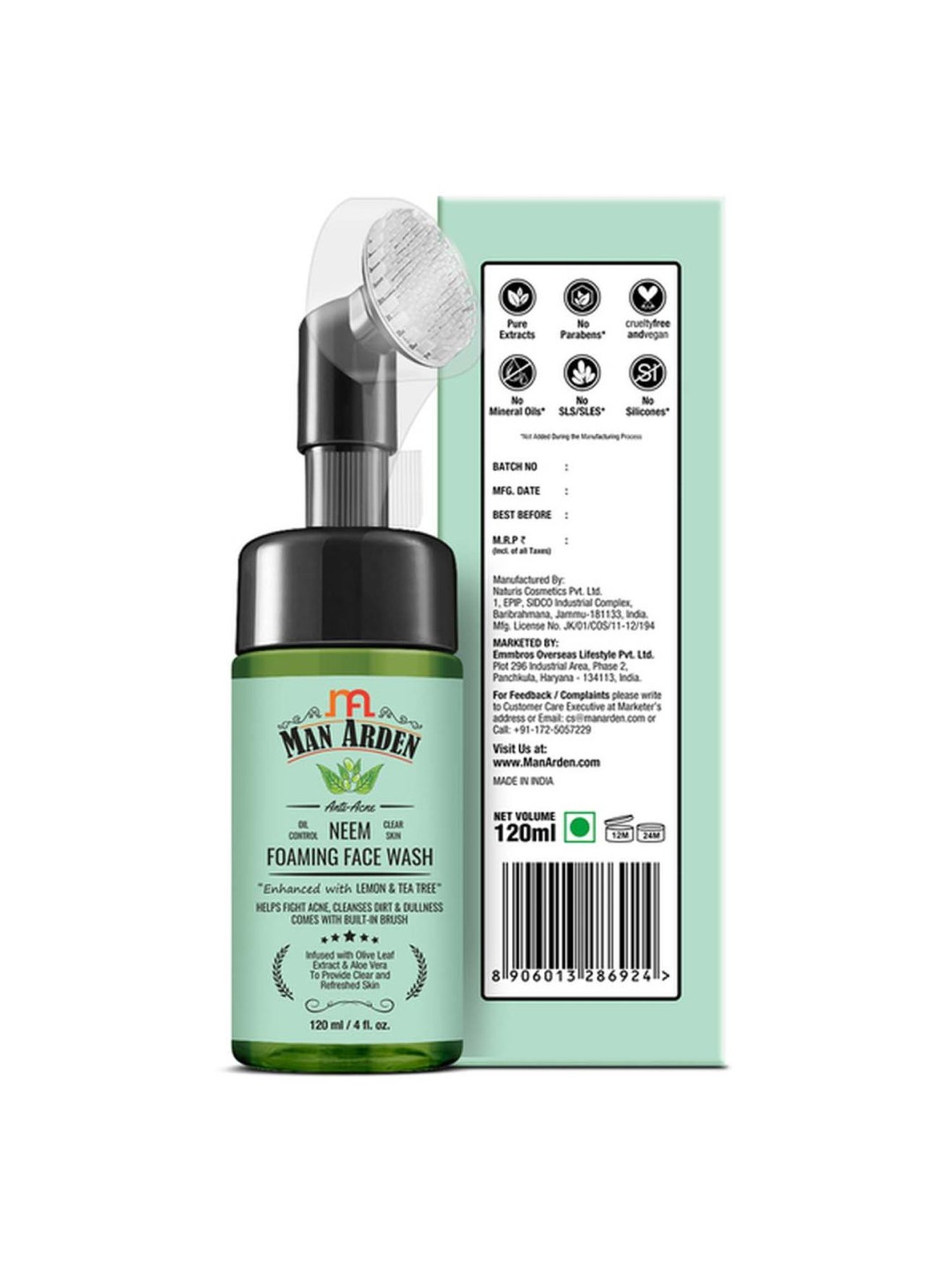 Man Arden Anti Acne Neem Foaming Face Wash with Built-in Brush - 120 ml