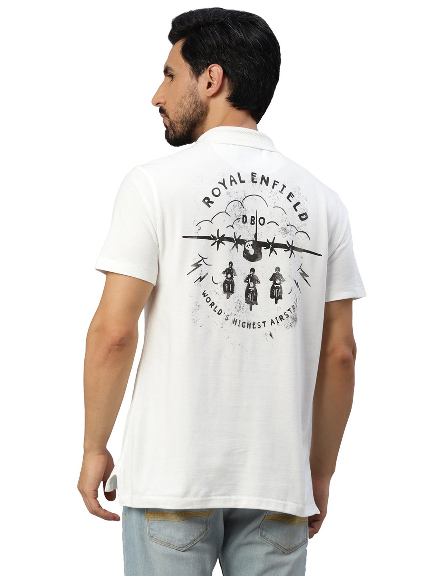 Royal Enfield Vintage Voyage White Regular Fit Printed Polo T-Shirt