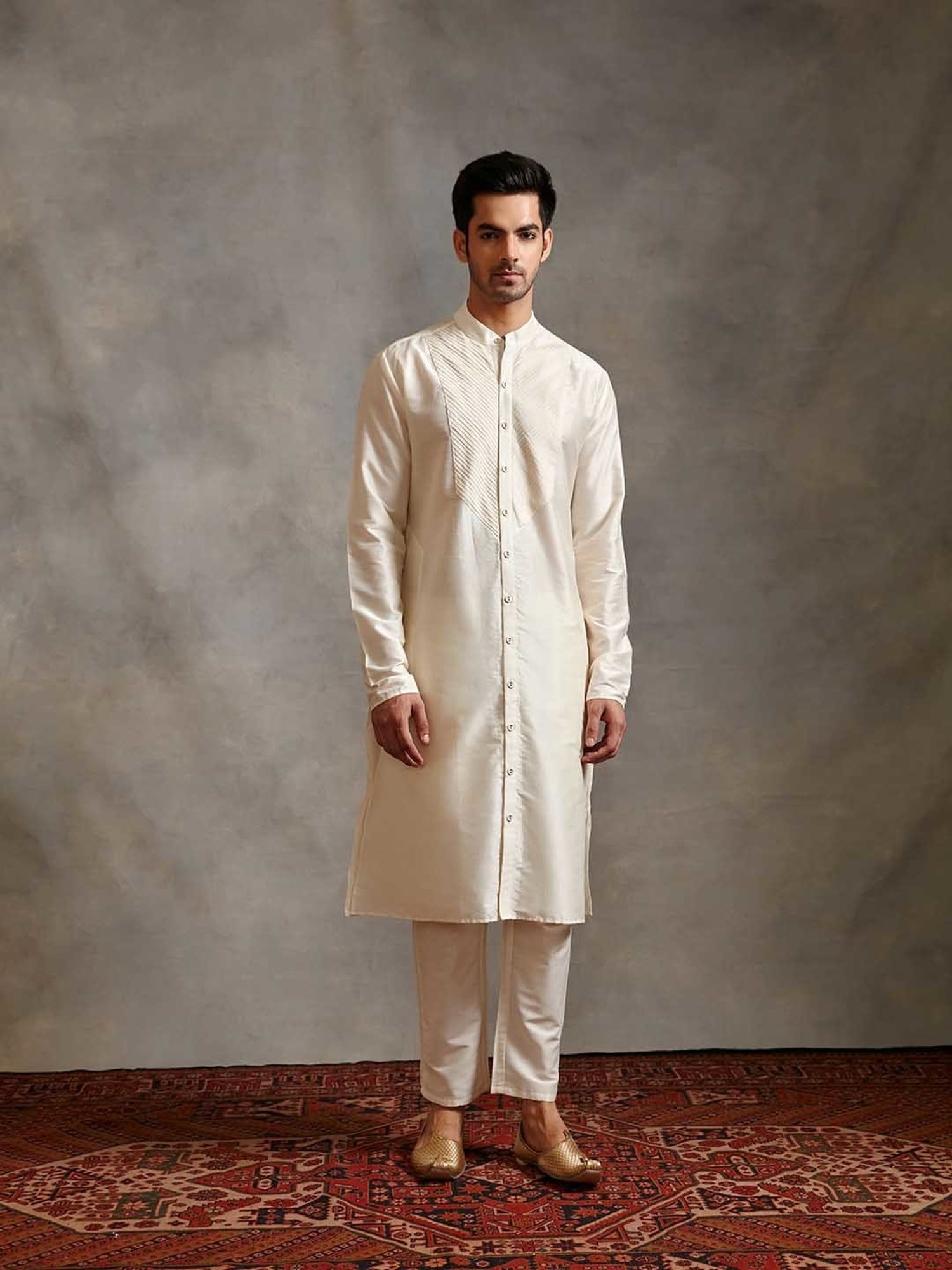 Abhishti Cream Regular Fit Banarasi Kurta & Straight Pants