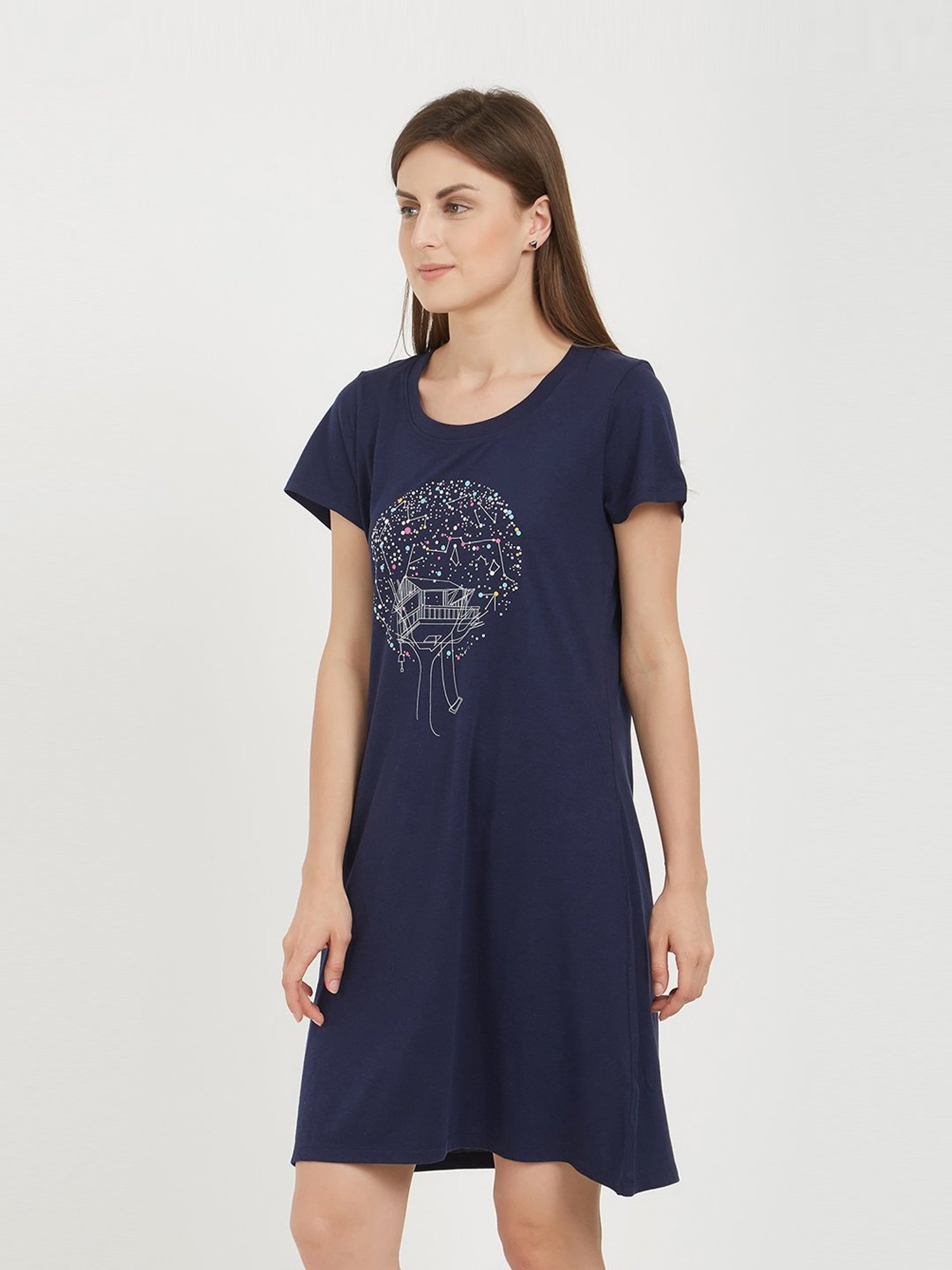 Soie Navy Cotton Printed Sleep T-Shirt